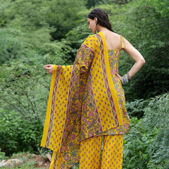 Women Mustard Yellow Floral Printed Straight Kurta with Printed Trousers & Dupatta (Set of 3)