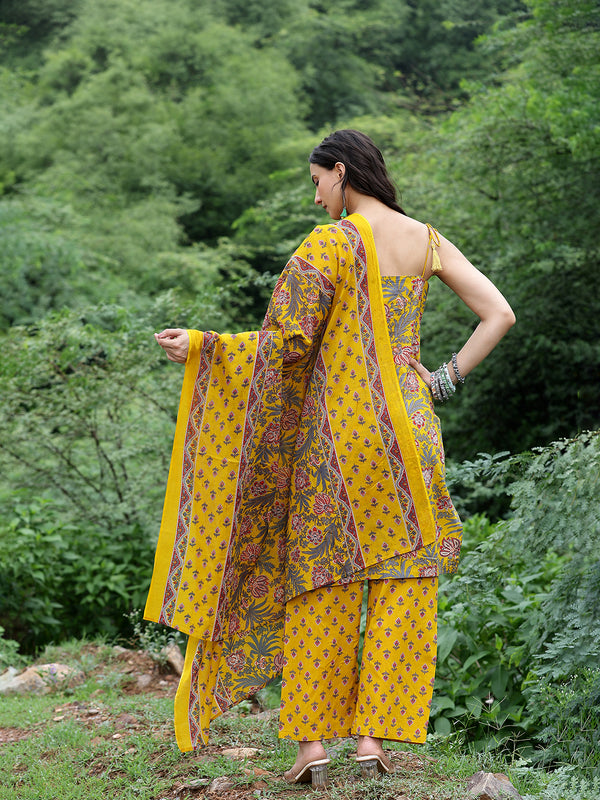 Women Mustard Yellow Floral Printed Straight Kurta with Printed Trousers & Dupatta (Set of 3)