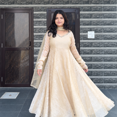 Ivory Embroidered Anarkali Suit Set with Sheer Dupatta