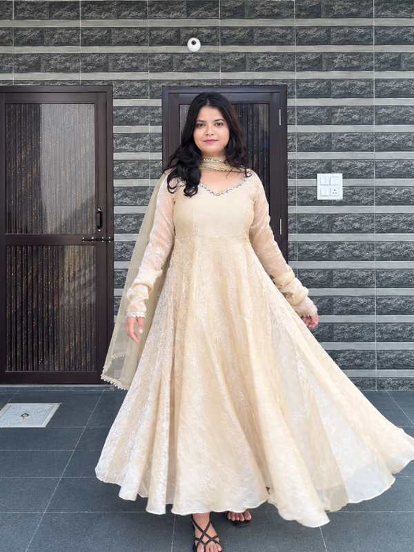 Ivory Embroidered Anarkali Suit Set with Sheer Dupatta