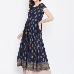 Poshak Hub Women Blue Cotton Golden Printed Anarkali Kurta.