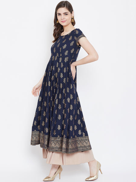 Poshak Hub Women Blue Cotton Golden Printed Anarkali Kurta.