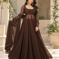 Brown Embellished Anarkali Suit Set with Sheer Sleeves & Matching Dupatta