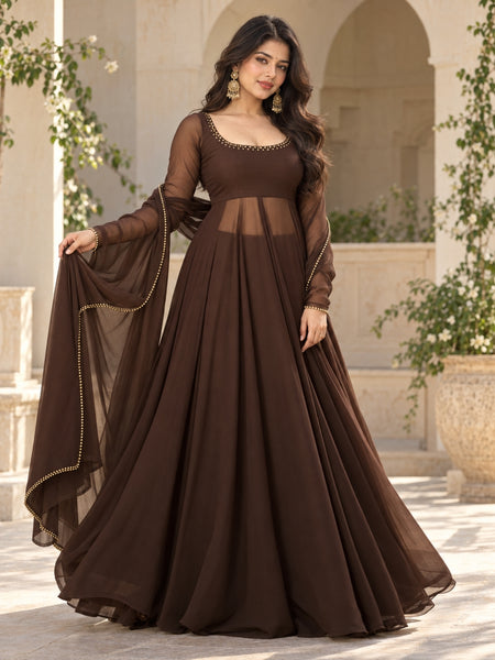 Brown Embellished Anarkali Suit Set with Sheer Sleeves & Matching Dupatta
