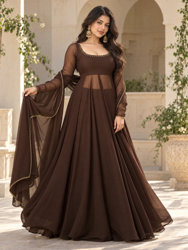Brown Embellished Anarkali Suit Set with Sheer Sleeves & Matching Dupatta