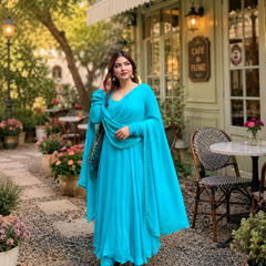 Turquoise Georgette Anarkali Suit Set with Dupatta