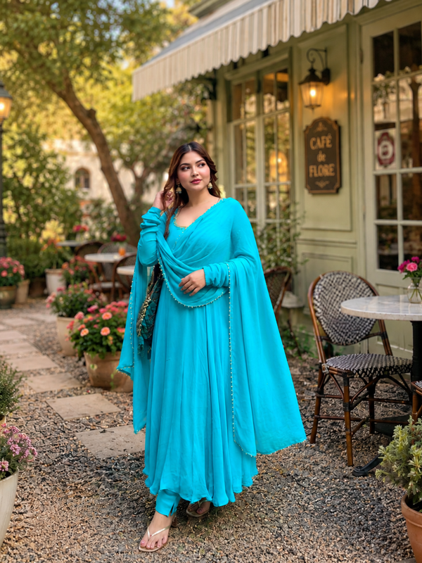 Turquoise Georgette Anarkali Suit Set with Dupatta