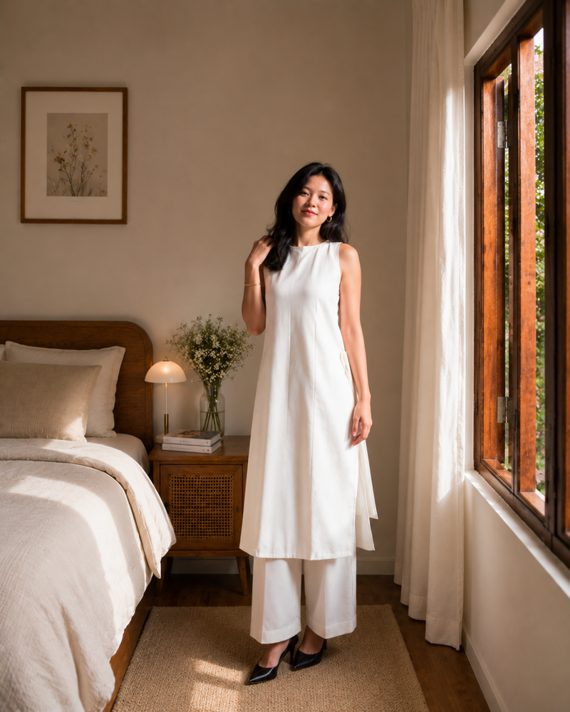 Ivory Grace Sleeveless Cotton Kurta Set