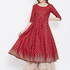 Poshak Hub Women Red Cotton Golden Printed Anarkali Kurta.