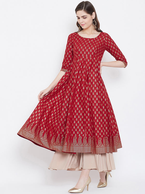 Poshak Hub Women Red Cotton Golden Printed Anarkali Kurta.