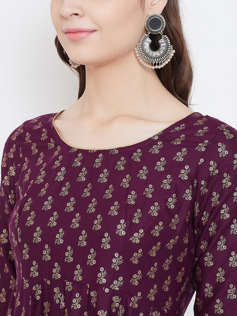 Poshak Hub Women Purple Cotton Golden Printed Anarkali Kurta.