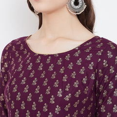 Poshak Hub Women Purple Cotton Golden Printed Anarkali Kurta.