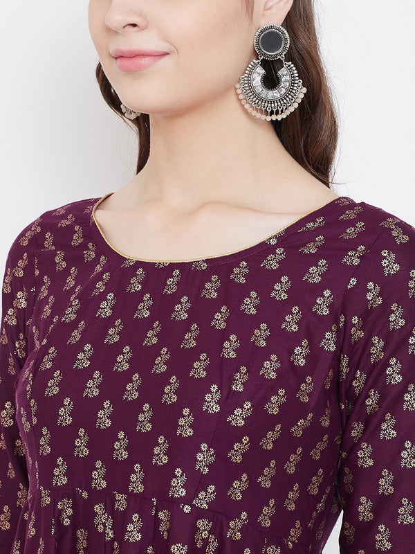 Poshak Hub Women Purple Cotton Golden Printed Anarkali Kurta.