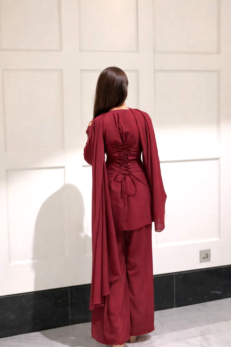 Maroon Kurta with Flared Palazzo Set with Golden Embellished Neckline