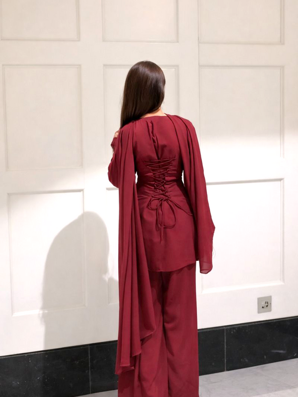 Maroon Kurta with Flared Palazzo Set with Golden Embellished Neckline