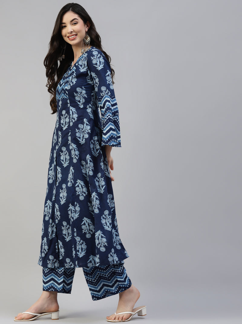 Poshak Hub Women Blue Cotton Printed Front Slit A-Line Kurta with Palazzo