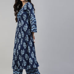 Poshak Hub Women Blue Cotton Printed Front Slit A-Line Kurta with Palazzo