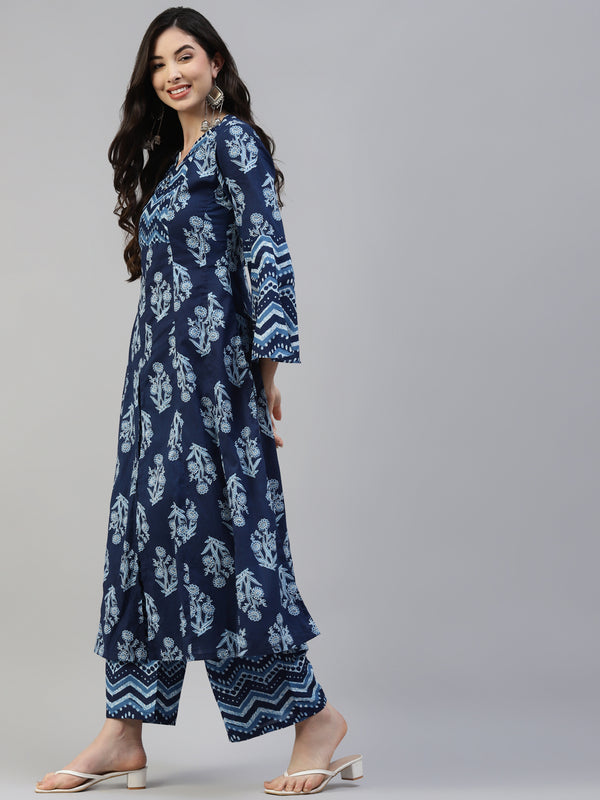 Poshak Hub Women Blue Cotton Printed Front Slit A-Line Kurta with Palazzo