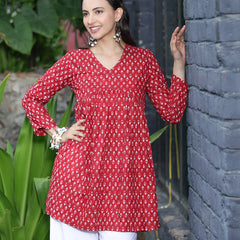 Women Red Ethnic Printed V-Neck Flared Tunic