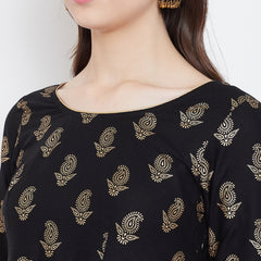 Poshak Hub Women Black Cotton Golden Printed Anarkali Kurta.