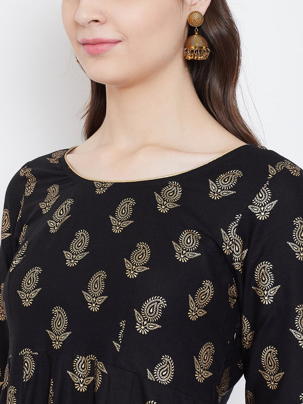 Poshak Hub Women Black Cotton Golden Printed Anarkali Kurta.
