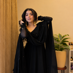 Midnight Black Embellished Anarkali Suit Set for Women