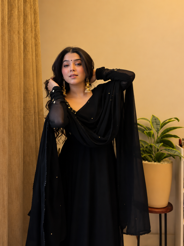 Midnight Black Embellished Anarkali Suit Set for Women