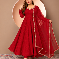 Red Anarkali Suit with Embroidered Neckline & Sheer Embellished Dupatta