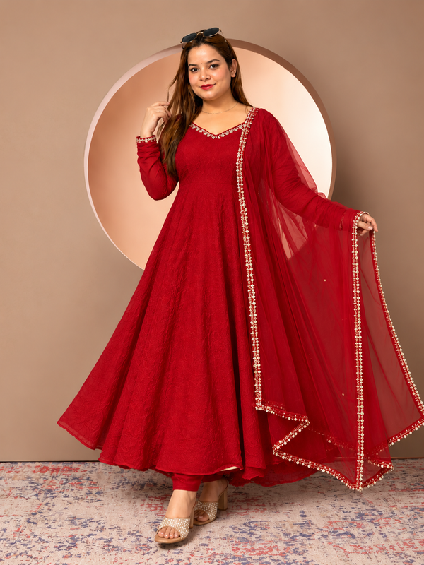 Red Anarkali Suit with Embroidered Neckline & Sheer Embellished Dupatta