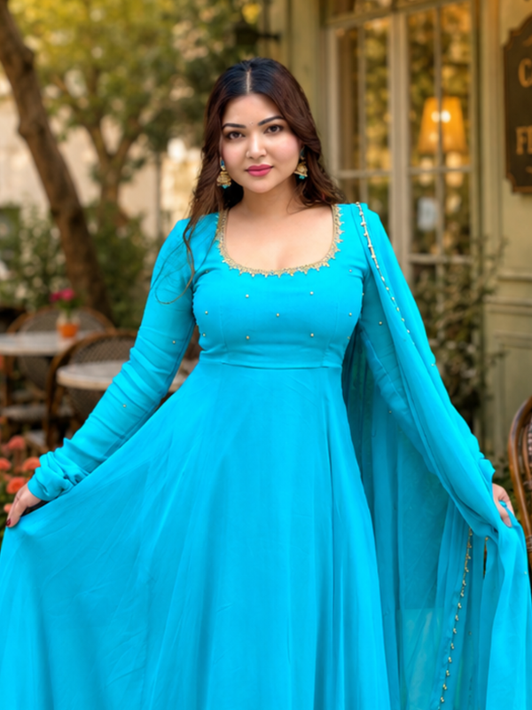 Turquoise Georgette Anarkali Suit Set with Dupatta