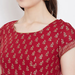 Poshak Hub Women Red Cotton Golden Printed Anarkali Kurta.