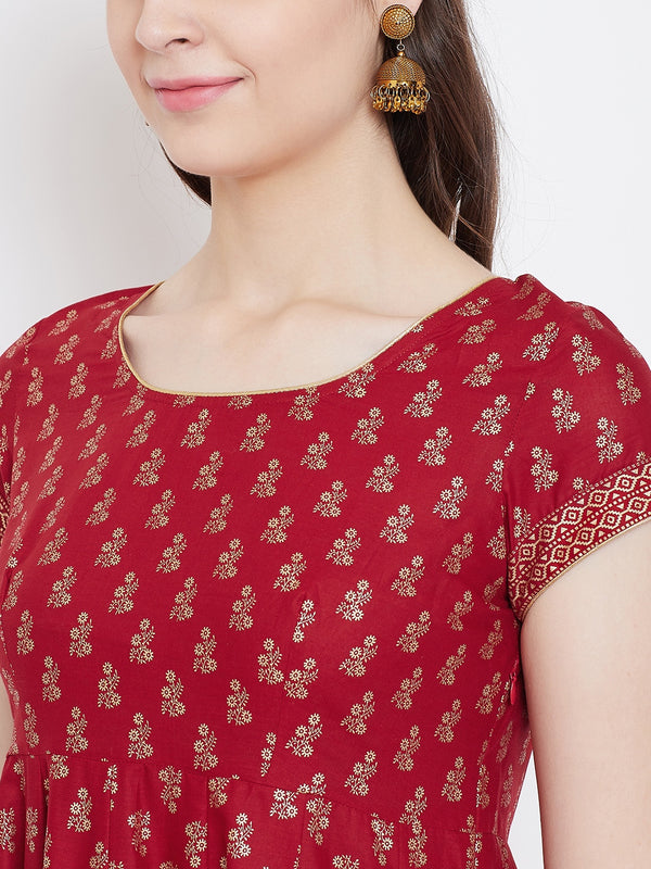 Poshak Hub Women Red Cotton Golden Printed Anarkali Kurta.