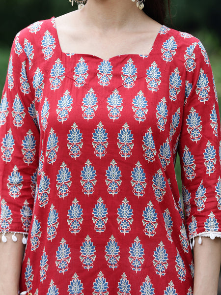 Women Red Ethnic Printed Three-Quarter Sleeve Straight Tunic