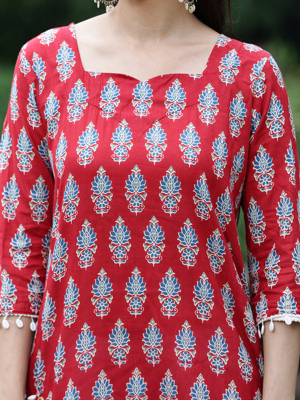Women Red Ethnic Printed Three-Quarter Sleeve Straight Tunic