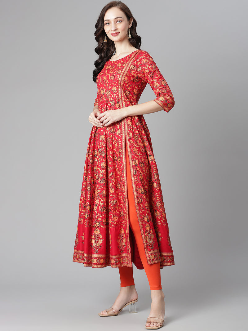 Poshak Hub Women Red Cotton Printed Anarkali Kurta.