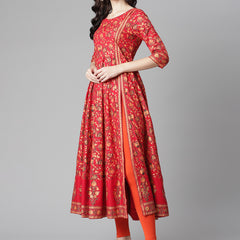 Poshak Hub Women Red Cotton Printed Anarkali Kurta.