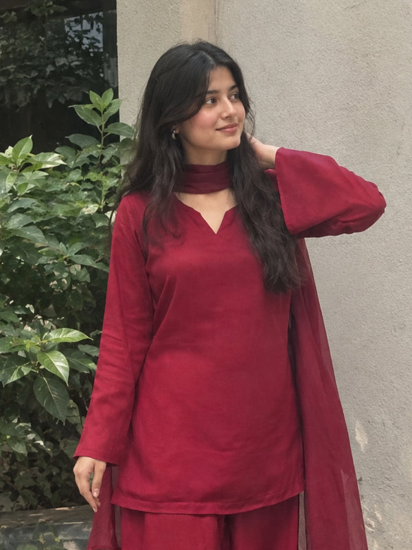 Maroon Straight Kurta Palazzo Set with Sheer Dupatta