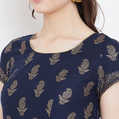 Poshak Hub Women Blue Cotton Golden Printed Anarkali Kurta.
