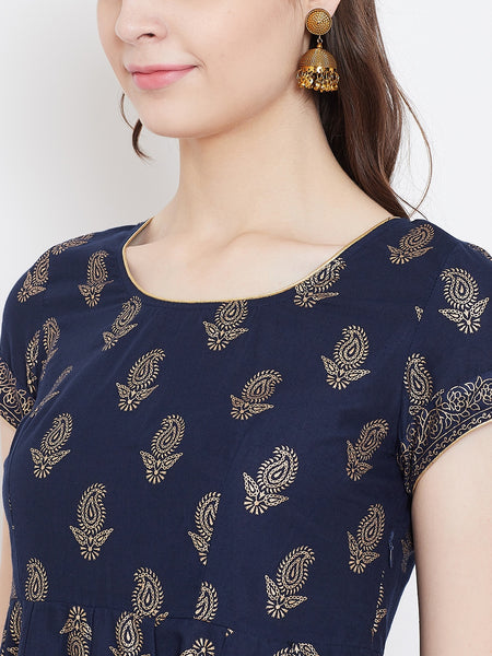 Poshak Hub Women Blue Cotton Golden Printed Anarkali Kurta.