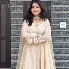 Ivory Embroidered Anarkali Suit Set with Sheer Dupatta