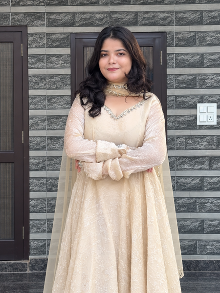 Beige Embroidered Anarkali Suit Set with Sheer Dupatta