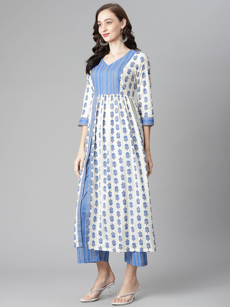 Poshak Hub Women White-Blue Cotton Printed Front Slit A-Line Kurta with Palazzo