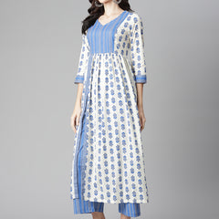Poshak Hub Women White-Blue Cotton Printed Front Slit A-Line Kurta with Palazzo