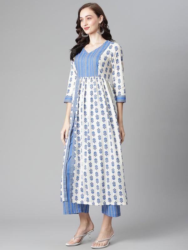 Poshak Hub Women White-Blue Cotton Printed Front Slit A-Line Kurta with Palazzo