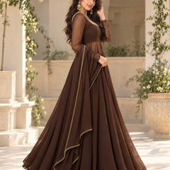 Brown Embellished Anarkali Suit Set with Sheer Sleeves & Matching Dupatta