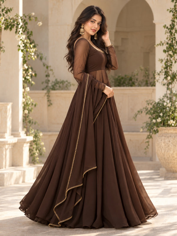 Brown Embellished Anarkali Suit Set with Sheer Sleeves & Matching Dupatta