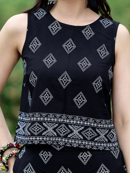 Women Black Rayon Ethnic Printed Sleeveless Top & Wide Leg Trouser Co-Ord Set | Casual Printed Co-Ord