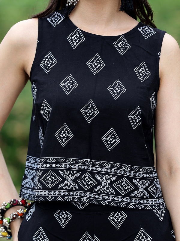 Women Black Rayon Ethnic Printed Sleeveless Top & Wide Leg Trouser Co-Ord Set | Casual Printed Co-Ord
