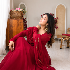 Ruby Red Embellished Anarkali Suit Set for Women