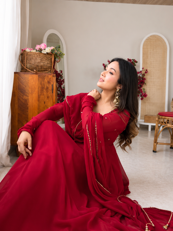 Ruby Red Embellished Anarkali Suit Set for Women